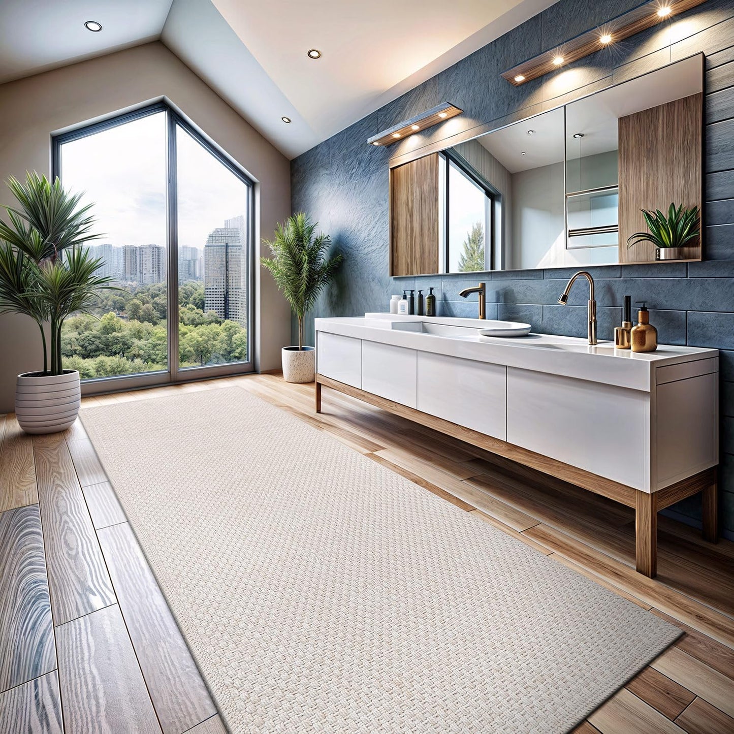 CAMILSON Indoor and Outdoor Runner Rug Off-White Solid Woven Design Easy-Cleaning Non Shedding Farmhouse Living Room Bedroom Garden Patio and Kitchen Washable Outside Carpet Alfombras (2x7)