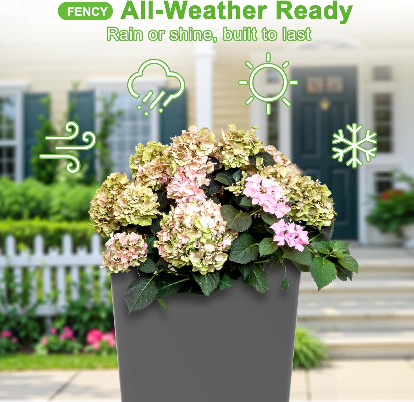 FENCY Set of 2 Tall Planters for Outdoor Plants, 24 Inch Large Tapered Pots with Drainage Trays, Weather-Resistant Plastic Plant Containers for Patio, Porch, Garden, Front Door Decor,Gray