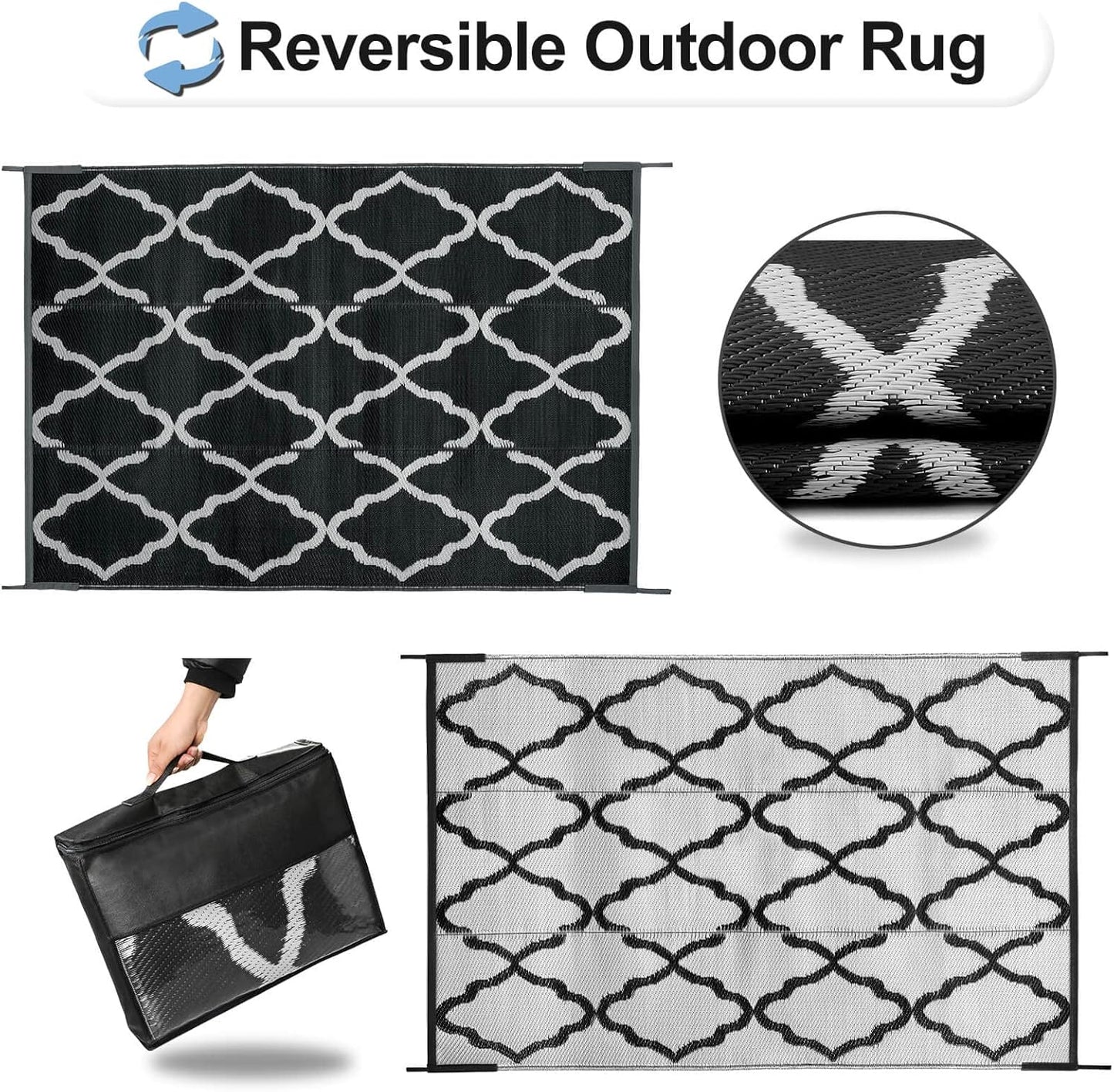 OutdoorLines Outdoor Plastic Area Rugs for Patio 6x9 ft - Reversible Outside Carpet, Stain & UV Resistant RV Mats, Straw Rug for Camping, Deck Garden, Porch and Balcony, Moroccan Black & Light Grey