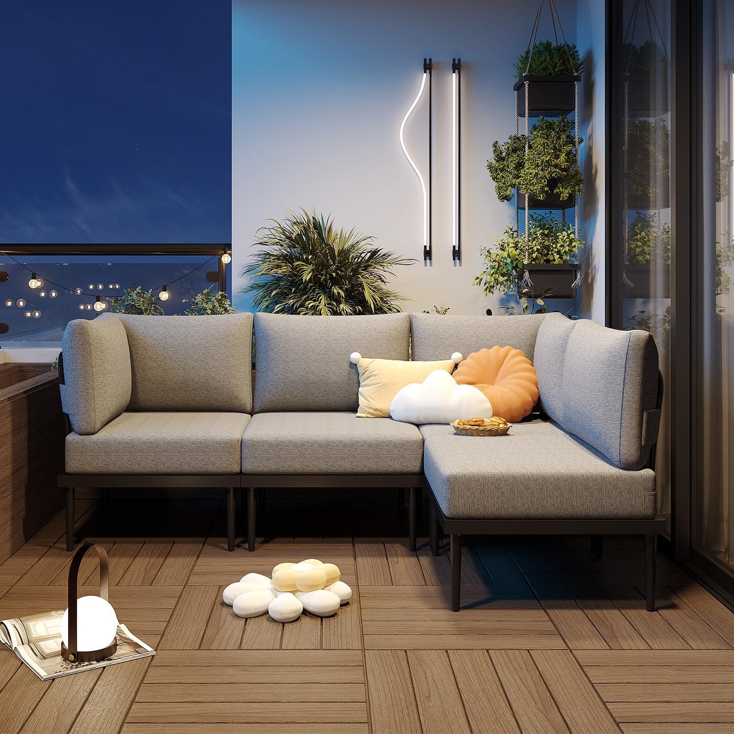 Sundale Outdoor 4 Pieces Metal Patio Furniture Set, Outdoor Sectional Sofa w/6 Inch Olefin Cushion, Modern Outdoor Conversation Sets