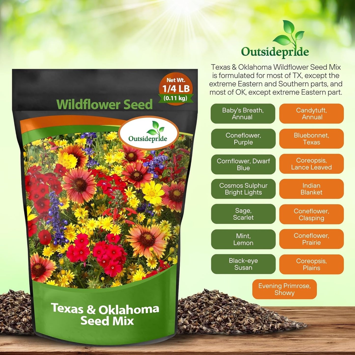 Outsidepride Texas & Oklahoma Wildflower Seed Mix - 1/4 lb Drought-Tolerant, Blend of Annual & Perennial Flower Seeds for Vibrant, Pollinator-Friendly Gardens, Thrives in Full Sun & Well-Drained Soil