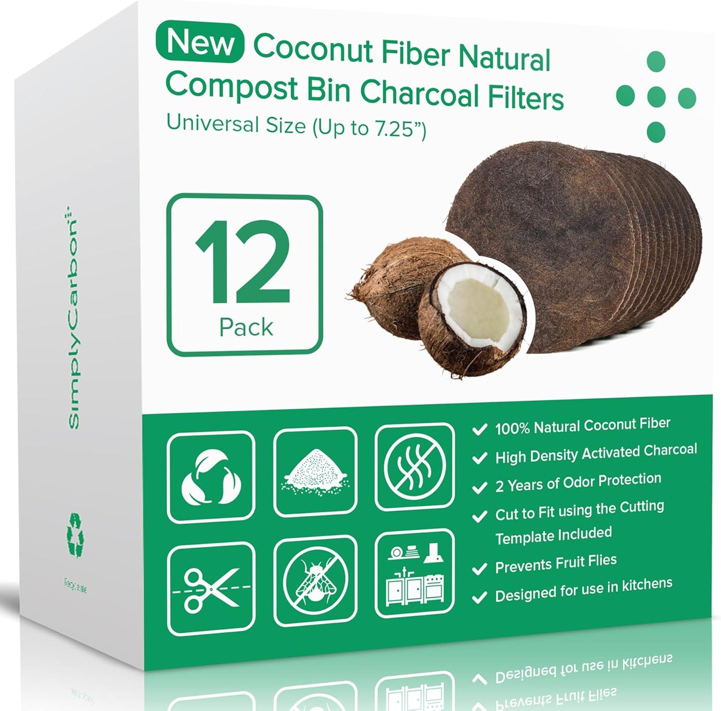 Biodegradable Natural Filter - 2 Years Supply for Kitchen Compost Bins - Longer Lasting Activated Charcoal - Universal Size Fits All Compost Bins up to 7.25" Filter Size - Replacement Set of 12