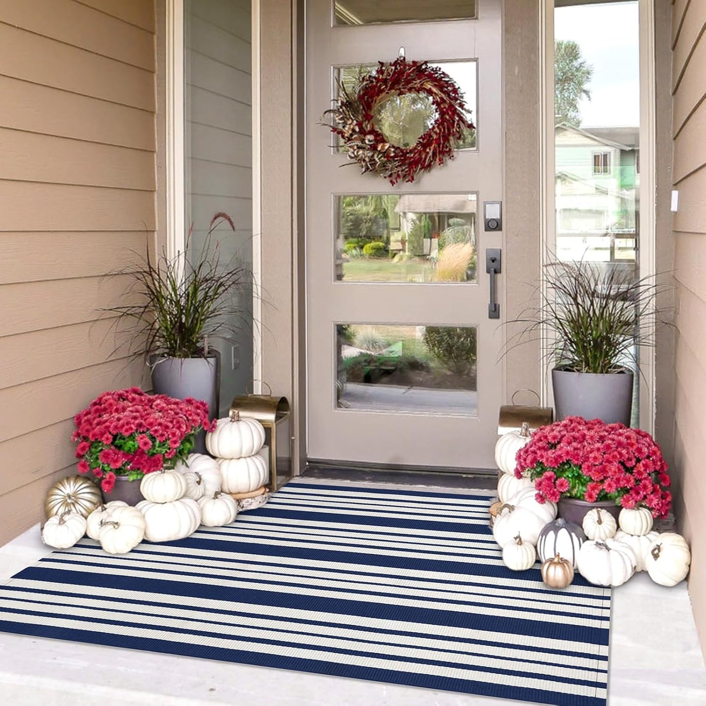 IOHOUZE Navy and White Striped Rug 3'x5' Front Door Rugs Outdoor, Washable Area Rug for Front Porch, Spring Summer Doormats Outdoor Indoor, Cotton Rugs for Entryway Porch Entrance