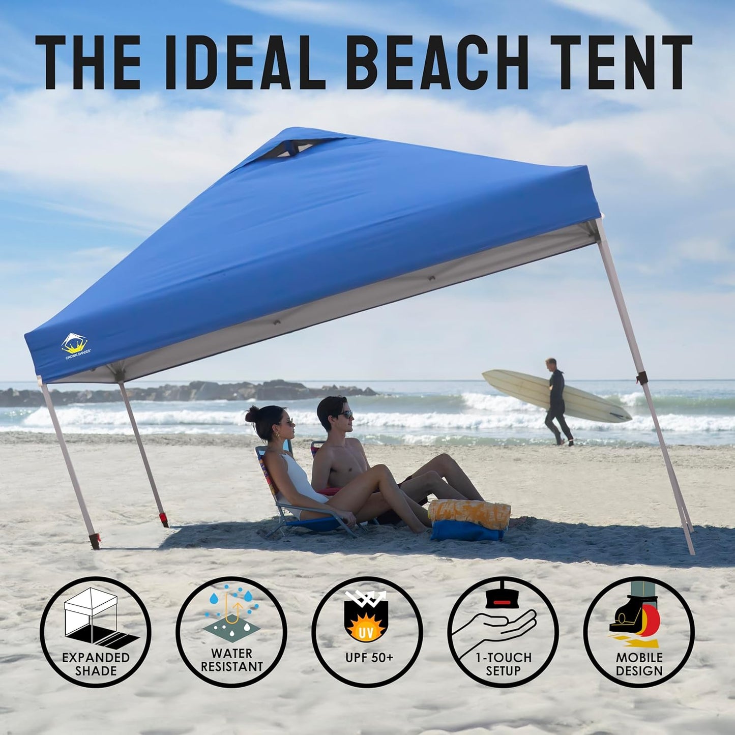 CROWN SHADES 10x10 Pop Up Canopy - Beach Tent with One Push Setup - Easy Outdoor Sun Shade for Events, Parties, Camping - Gazebo with STO-N-Go Cover Bag, Silver Coated Top, Blue
