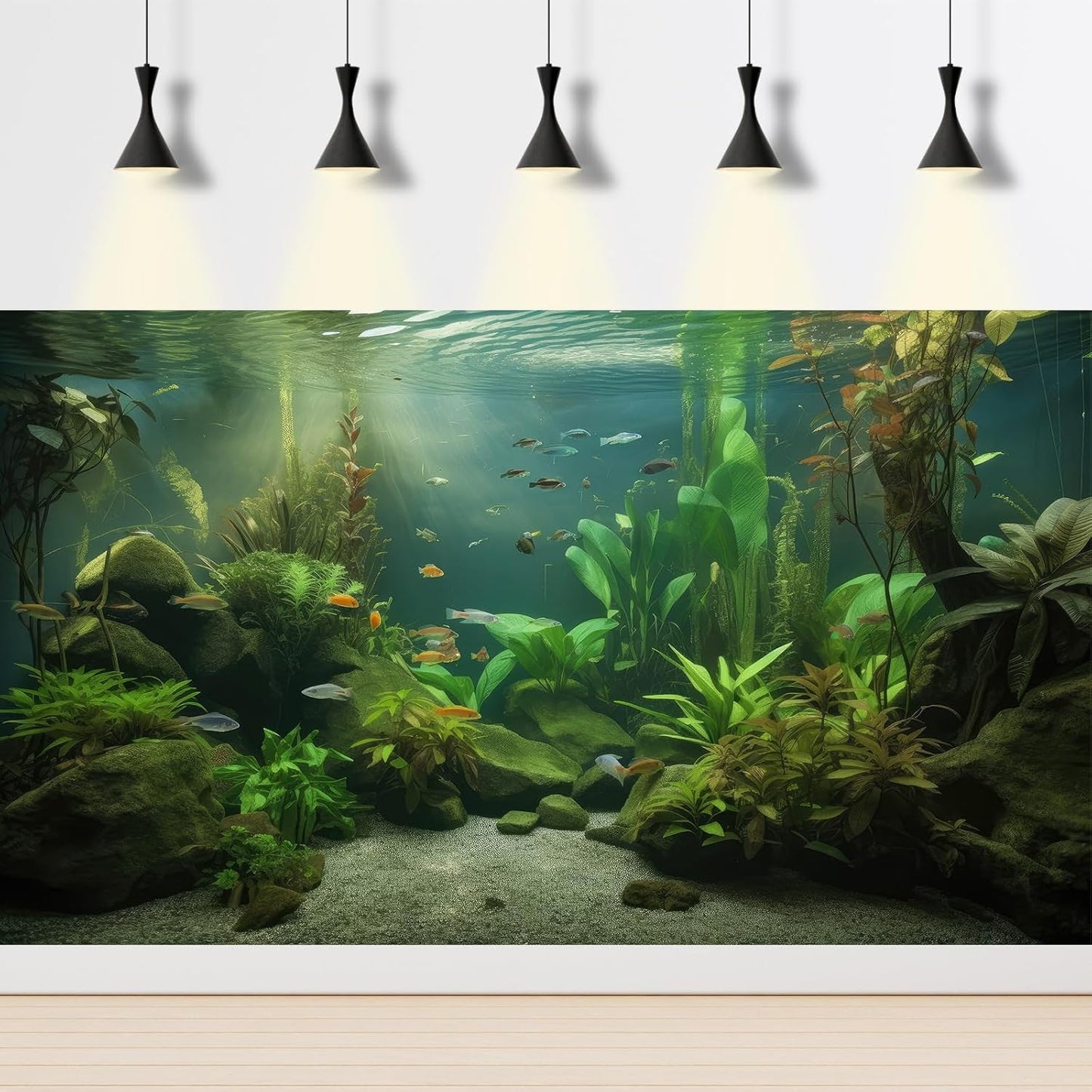 Under The Sea Aquarium Background Underwater Aquatic Plants Fish Tank Background Tropical Fish Rock with Moss Terrarium Background Undersea Green Grass with Sunbeams Terrarium Background 24x16in