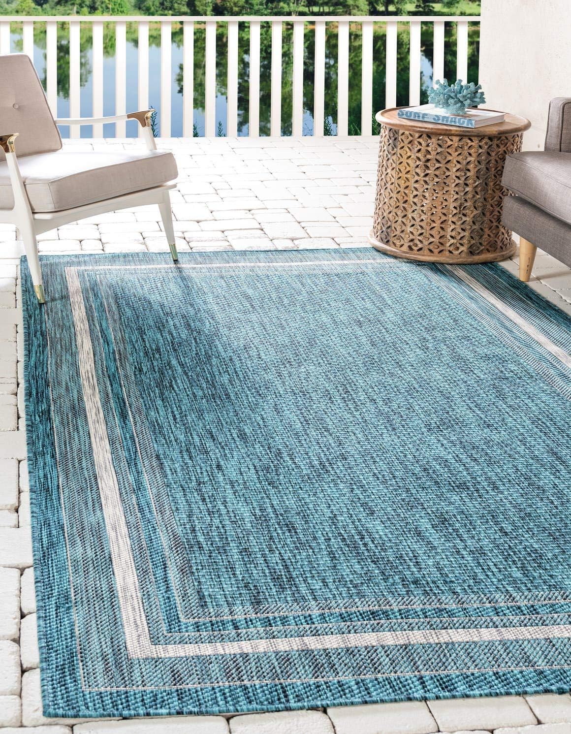 Unique Loom Outdoor Border Collection Area Rug - Soft Border (4' 1" x 6' 1" Rectangle, Teal/ Ivory)