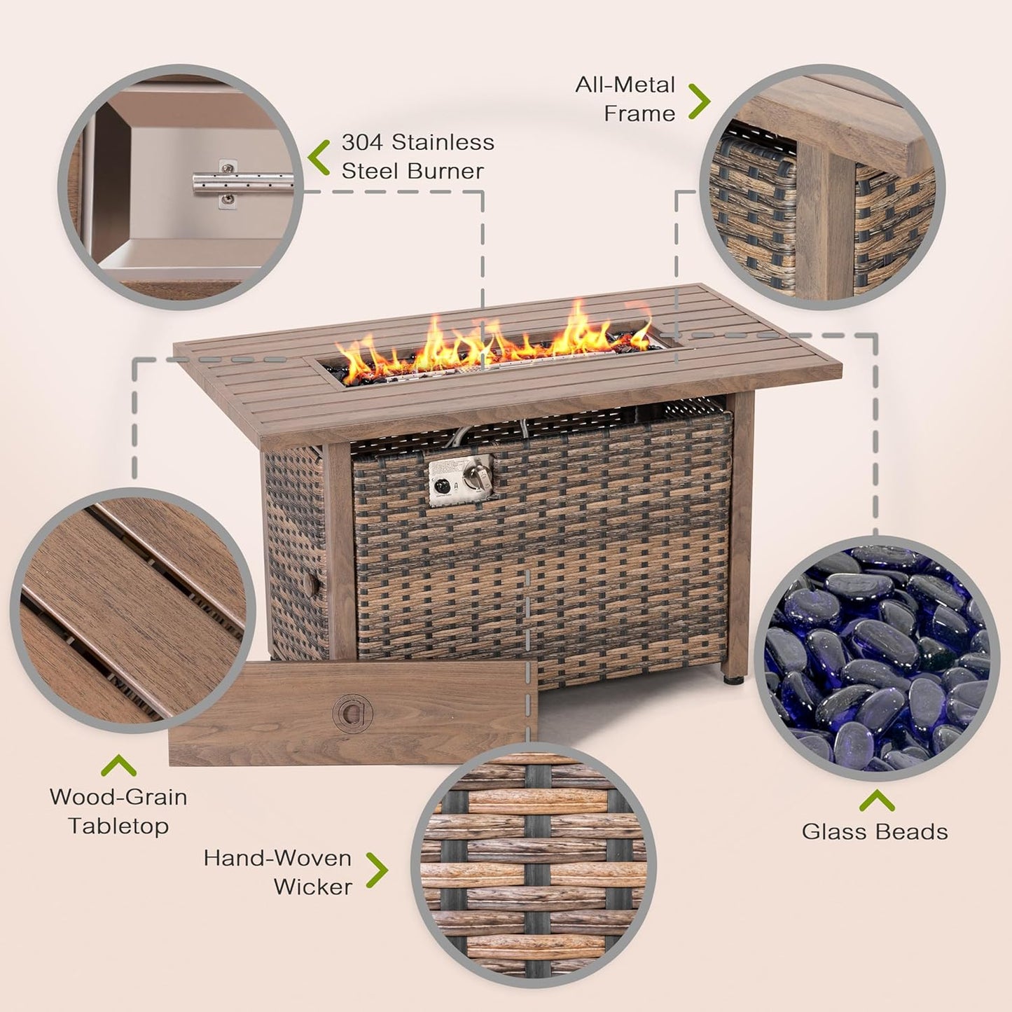 Nuu Garden 43" Propane Fire Pit Table, 50,000 BTU CSA-Listed Rattan Outdoor Gas Fire Pit with Lid & Glass Beads, Smokeless Rectangular Patio Heater Table for Backyard, Deck, Garden, Brown