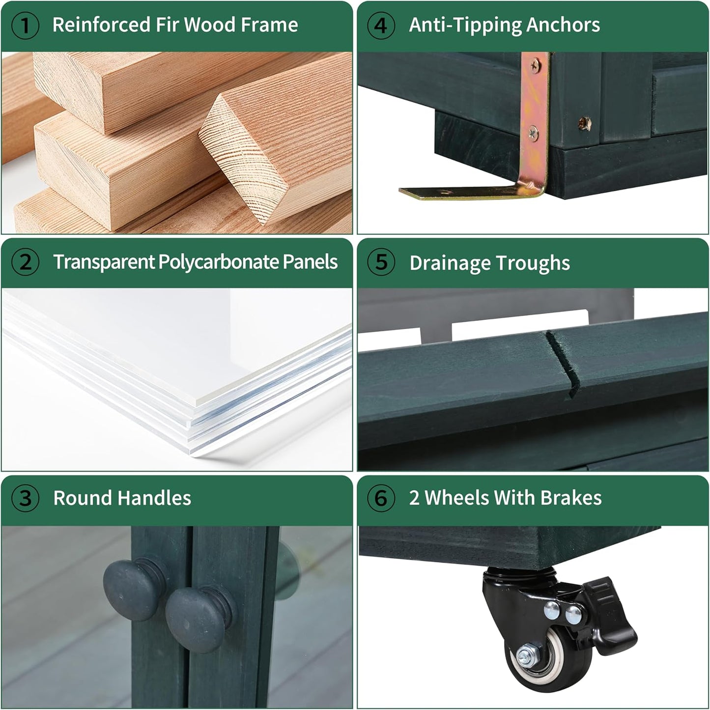 Garden Wood Portable Cold Frame - Mini Greenhouse with Wheels, Open Roof & Storage (Green + Beige + Beige)