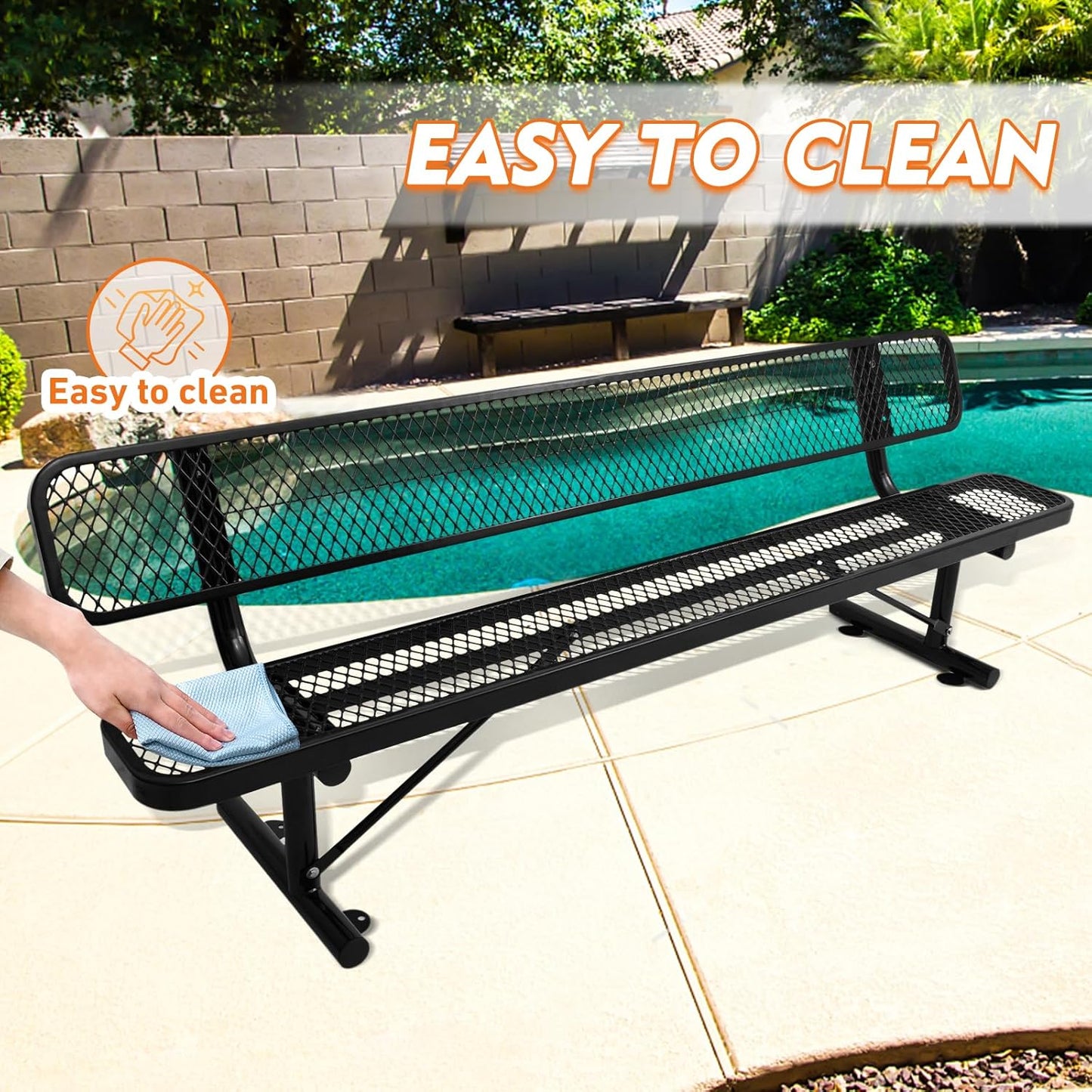 Thermoplastic Coated Iron Park Bench for Outside, Heavy Duty Metal Garden Bench, Expanded Commercial Grade Seating for Shopping Malls, Lawn Yard Porch Entryway (Black with Backrest, 96IN)