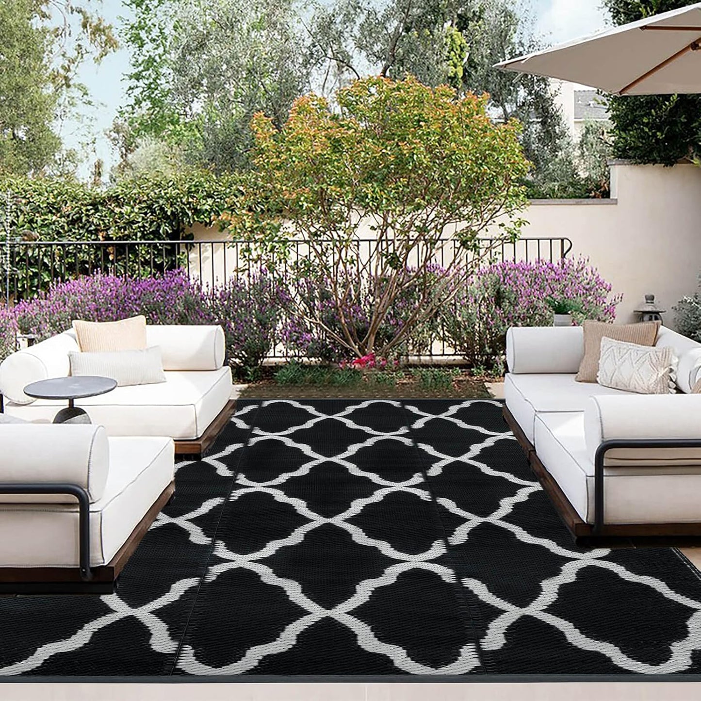 OutdoorLines Outdoor Plastic Area Rugs for Patio 4x6 ft - Reversible Outside Carpet, Stain & UV Resistant RV Mats, Straw Rug for Camping, Deck Garden, Porch and Balcony, Moroccan Black & Light Grey