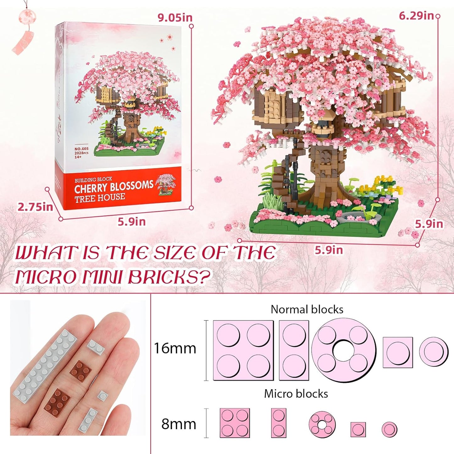 Cherry Blossom Bonsai Tree Mini Micro Building Set, Japanese Sakura Tree House Model Sets for Adults, Flowers House Mini Bricks Building Kit, Creative Gift Toys for Kids 12-14 (2028PCS)