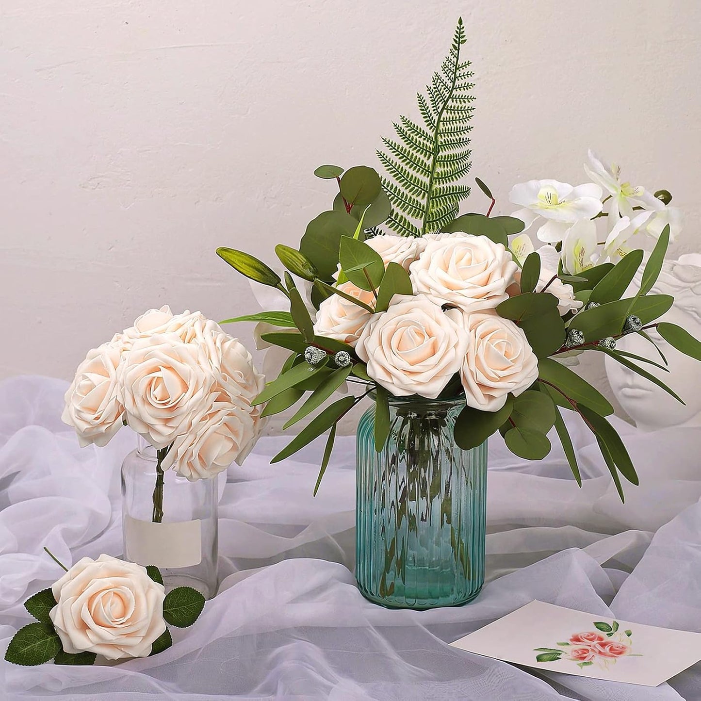 AmyHomie Artificial Flowers Champagne Rose 50pcs Real Looking Fake Roses w/Stem for DIY Wedding Bouquets Centerpieces Arrangements Party Baby Shower Home Decorations