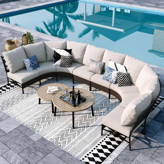 Sophia & William Half-Moon Patio Furniture Set for 8, Curved Outdoor Sofa Conversation Set with Coffee Table,Wicker Patio Sectional for Backyard, Beige