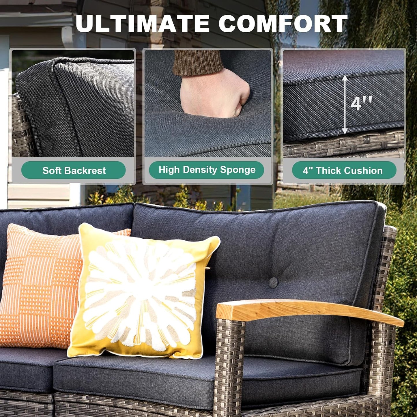 8 Piece Outdoor Patio Furniture Set, Half-Moon Curved Sectional Set with Wood Armrests, Patio Conversation Set, 2 Half-Moon Ottomans，Coffee & Side Tables (Grey)