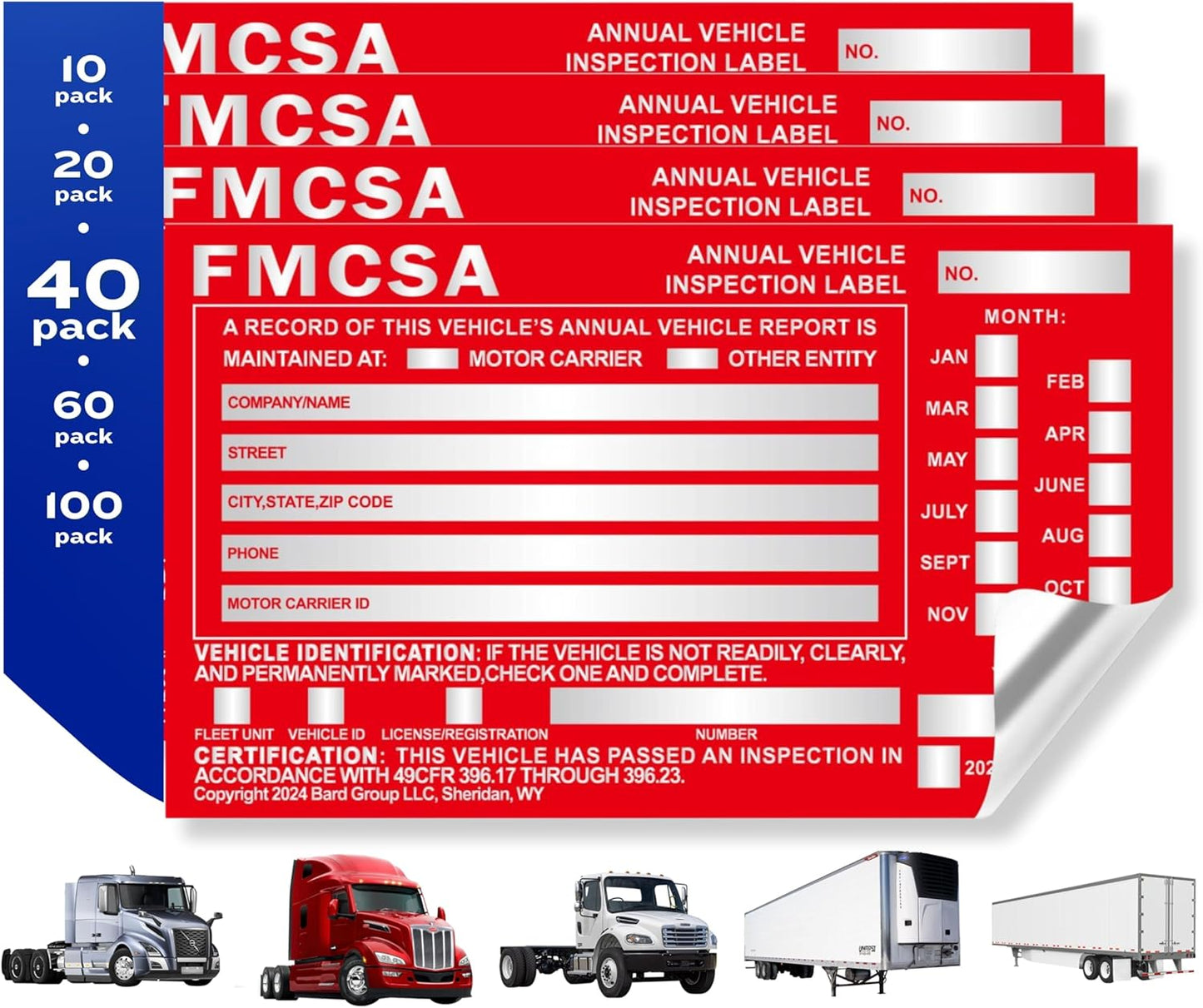 40-Pack DOT Compliant Aluminum Annual Vehicle Inspection Label – Red FMCSA Label with Punch Boxes