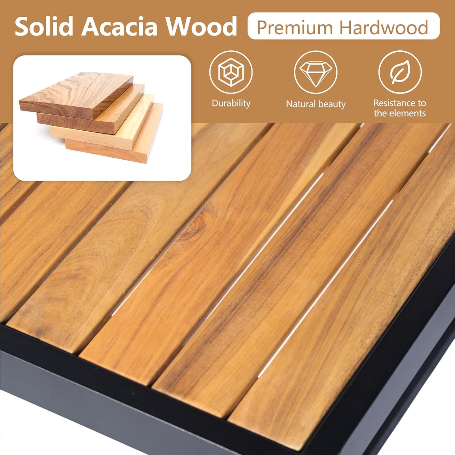 Patio Furniture Set, Outdoor 3-Piece Acacia Wood and Metal Patio Sofa Set, L-Shape Conversation Sofa with Coffee Table and Ottoman for Garden, Poolside, Backyard