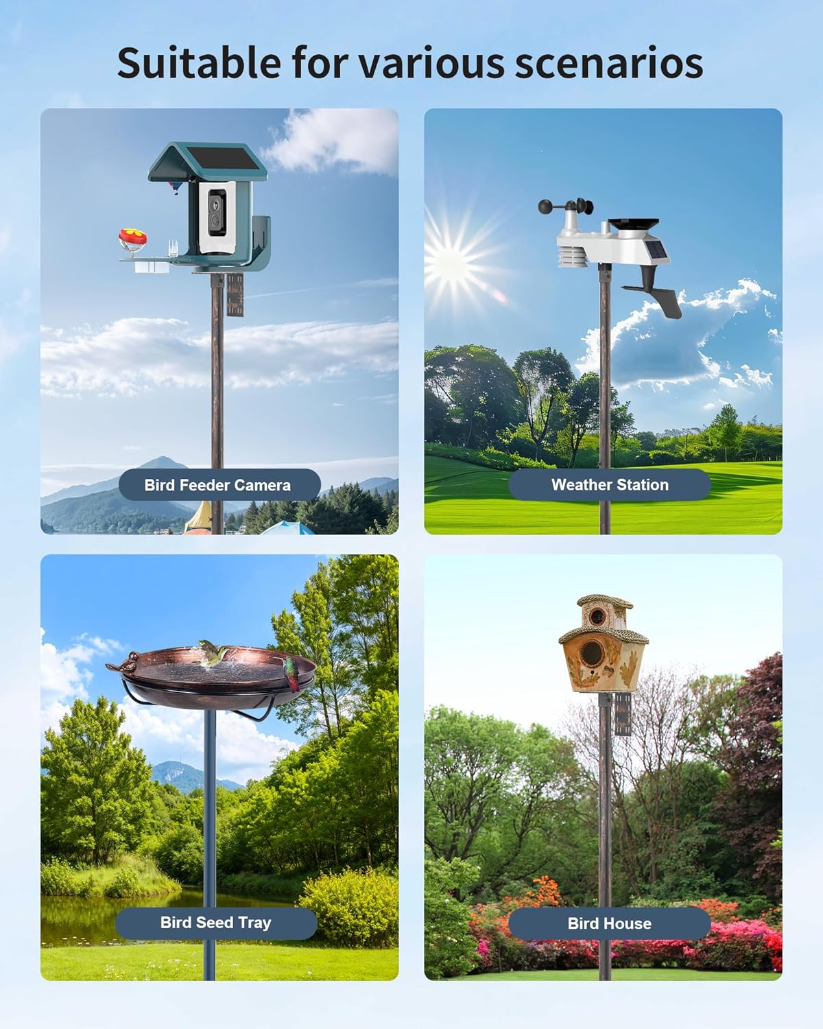 Bird Feeder Pole Stand – 60 Inch Height Feeding Station with 1-Inch Dia Heavy Duty for Hanging Feeders, Bird House Pole Mount Kit for Outdoor, Slip-Fit Connection，Copper Brushed