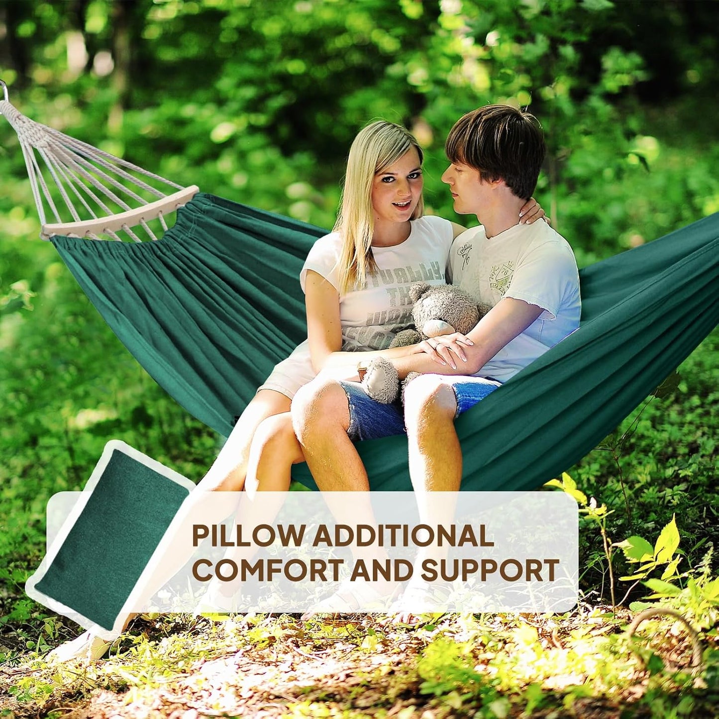 Chihee Cotton Hammock Large Soft Breathable Camping Hammock Holds Up to 660lbs Portable Tree Hammock with Detachable Spreader Bar Pillow 2 Strong Webbings 2 Carabiners Patio Garden Indoor Outdoor