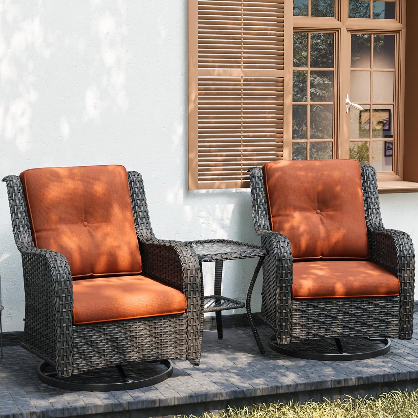 Joyside Outdoor Swivel Rocker Patio Chairs Set of 2 and Matching Side Table - 3 Piece Wicker Patio Bistro Set with Premium Fabric Cushions(Mixed Grey/Orange)