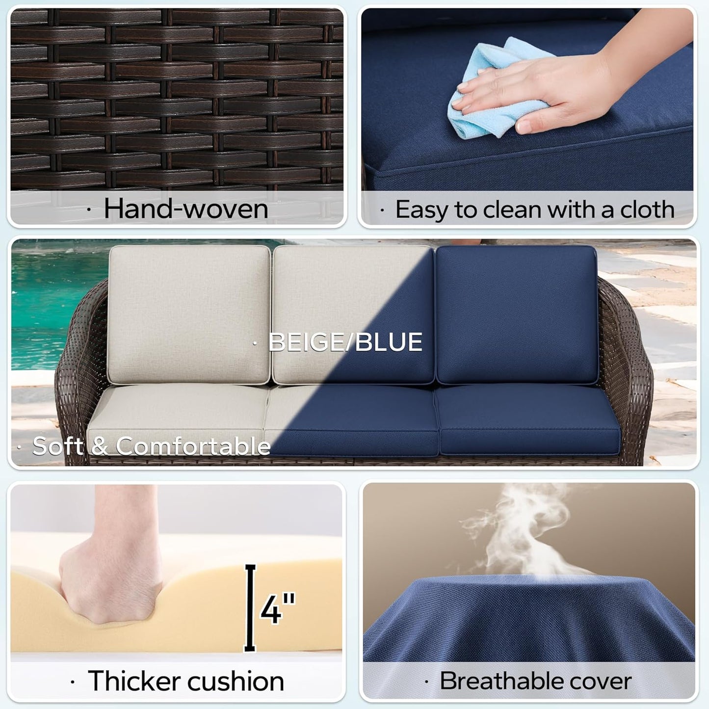 3 Pieces Outdoor Patio Conversation Set, 78" Couch, 2 Chairs, Rattan Wicker Conversation Furniture with Removable Cushions for Bistro, Deck (Navy Blue)