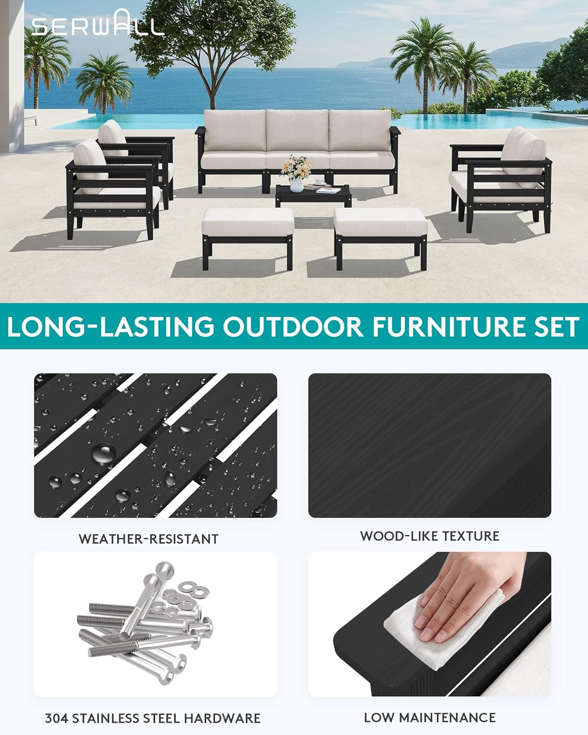 SERWALL HDPE Patio Furniture Set, 10 Pieces Outdoor Sectional Sofa Set, All-Weather Wood-Like Outdoor Sofa Couch with Coffee Table for Deck, Lawn, Black Frame with Khaki Cushion