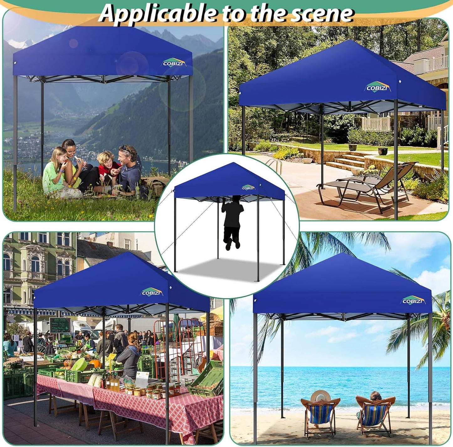 COBIZI 6.6x6.6ft Pop Up Canopy Tent, Heavy Duty Canopy Easy Set up All Weather Waterproof Outdoor Canopy Tent for Parties, Beach, Garden, Camping with 1 Handbag, UPF50+, Deep Blue