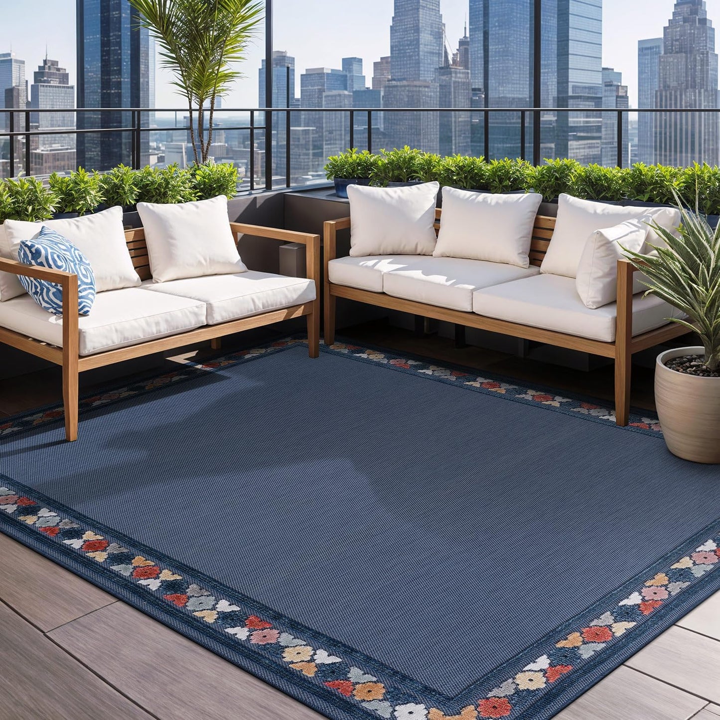 Beverly Rug Outdoor Rug 6x9 Modern Bordered Area Rugs for Indoor and Outdoor Patio Easy to Clean Non Shedding Living Room Porch Garden Washable Outside Carpet (6 x 9 Blue)