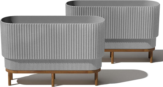 Veradek Demi Series Raised Long Planter for Indoor/Outdoor Use | Made from Plastic & Stone w/Wooden Stand | Modern Patio Décor for Flowers/Shrubs