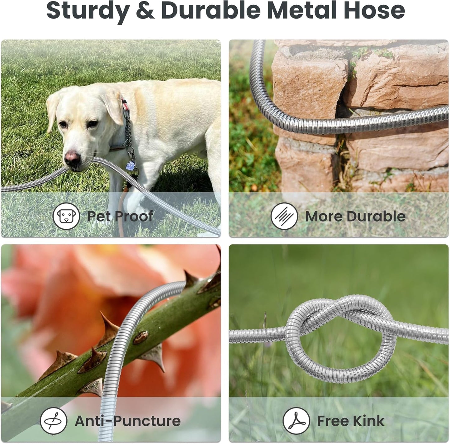 Girafe Tools Garden Hose 75ft x 5/8", 304 Stainless Steel Metal Water Hose, No Kink Garden Water Hose with 9 Pattern Spray Nozzle, Flexible, Lightweight, Kink Free Hose for Yard, Outdoor