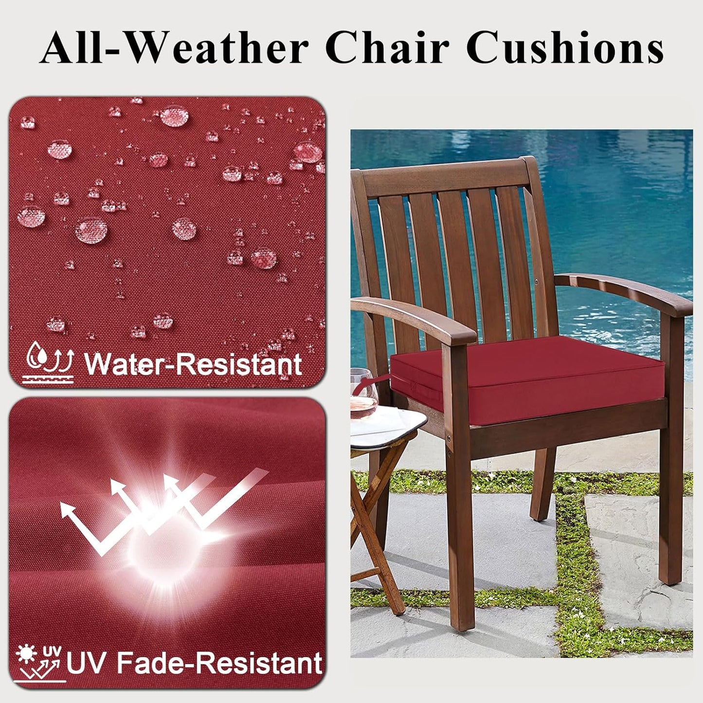 Outdoor Chair Cushions Set of 2 for Patio Furniture 19x19x4 Inch Waterproof Patio Chair Cushion 3 Year Color Fastness Square Elastic Foam Garden Couch Pads with Ties and Handle,Red