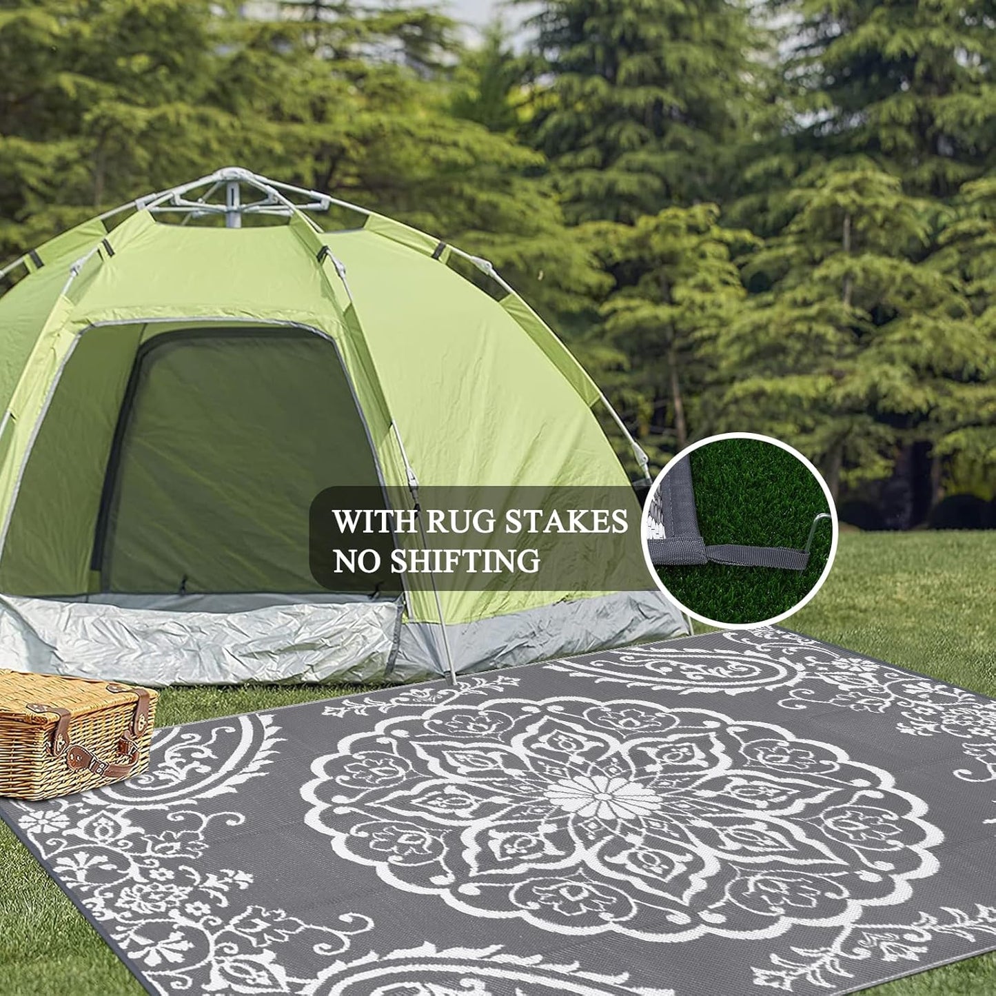 Pauwer Waterproof Outdoor Rug 10x14, Reversible Plastic Straw Patio Camping Rug, Indoor Outdoor RV Mat Carpet for Deck, Camper, Porch, Balcony, Backyard, Picnic, Boho Grey