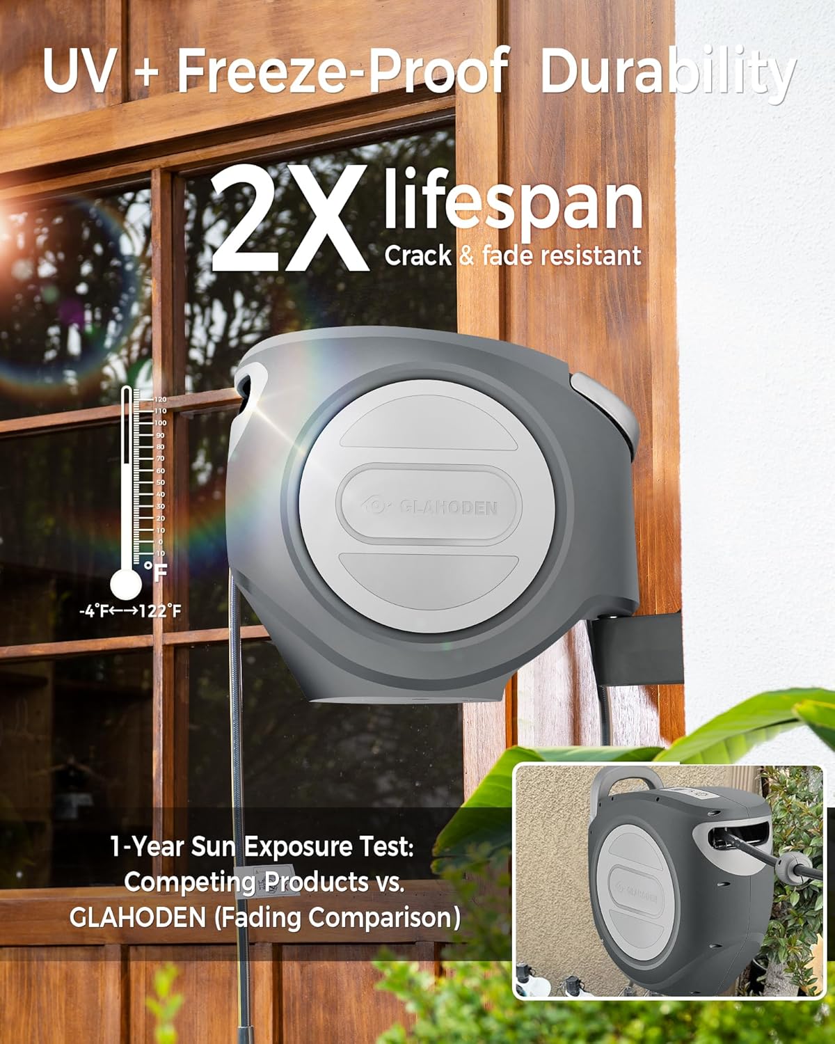 Retractable Garden Hose Reel 1/2 in x 130 ft Upgraded UV Resistant Heavy Duty Automatic Hose Reel Wall Mount 3/4 in Brass Fitting 9 Pattern Nozzle Any Length Lock Slow Retraction