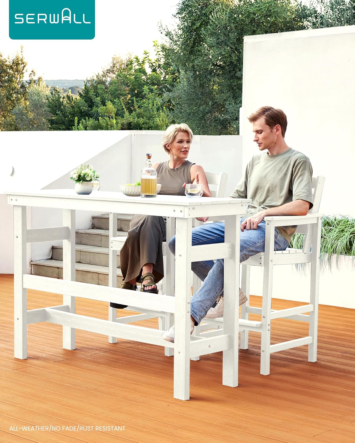 SERWALL 41" Outdoor Bar Table, HDPE Patio Bar Counter Height Table, All Weather Adirondack Outdoor Bar Height Table, Rectangle Patio Bar Table for Outside, Garden, Backyard, Balcony, Poolside, White