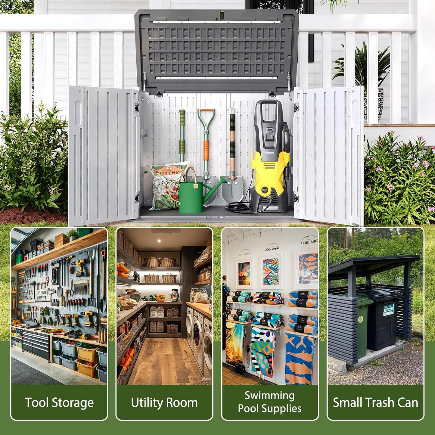 Aoxun Outdoor Storage Cabinet 35 Cu.Ft Outdoor Trash Can Storage Shed Waterproof Horizontal Storage Shed Outdoor Storage for Garbage Bin, Generator, and Lawn Mower (White)