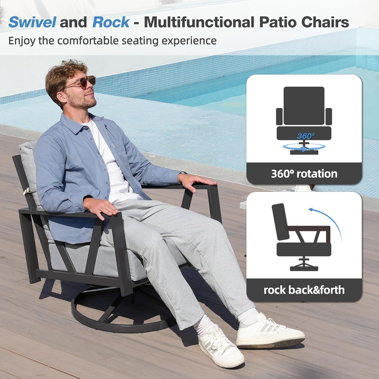 Outdoor Patio Swivel Rocking Chairs Set, Front Porch Furniture with 6" Thick Cushions, 3 Pieces Outdoor Bistro Set with Coffee Table, 350lbs, Light Grey