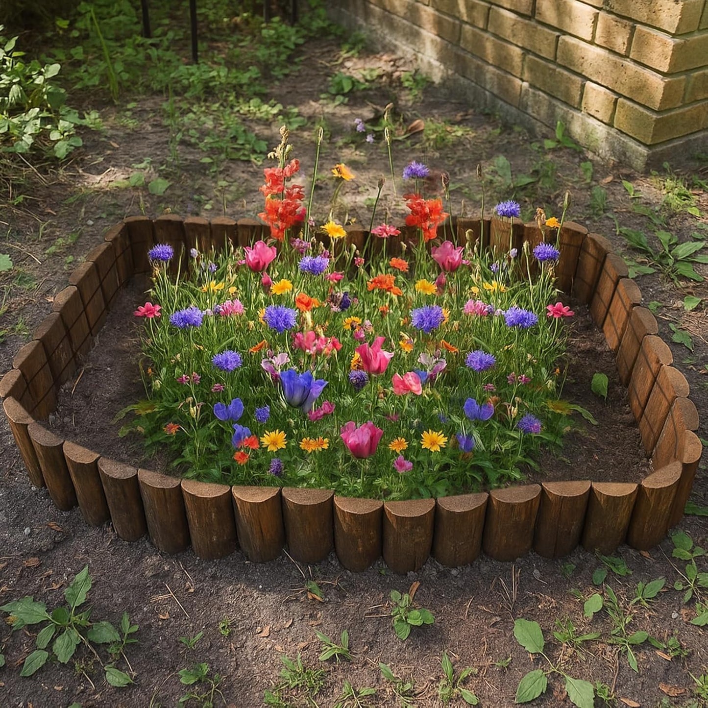 Wood Garden Edging for Landscaping – Staggered Half-Round Wooden Fence Border, Rustic Flower Bed Edging, Natural Pine, 7.9” x 4ft, Outdoor Garden Decor