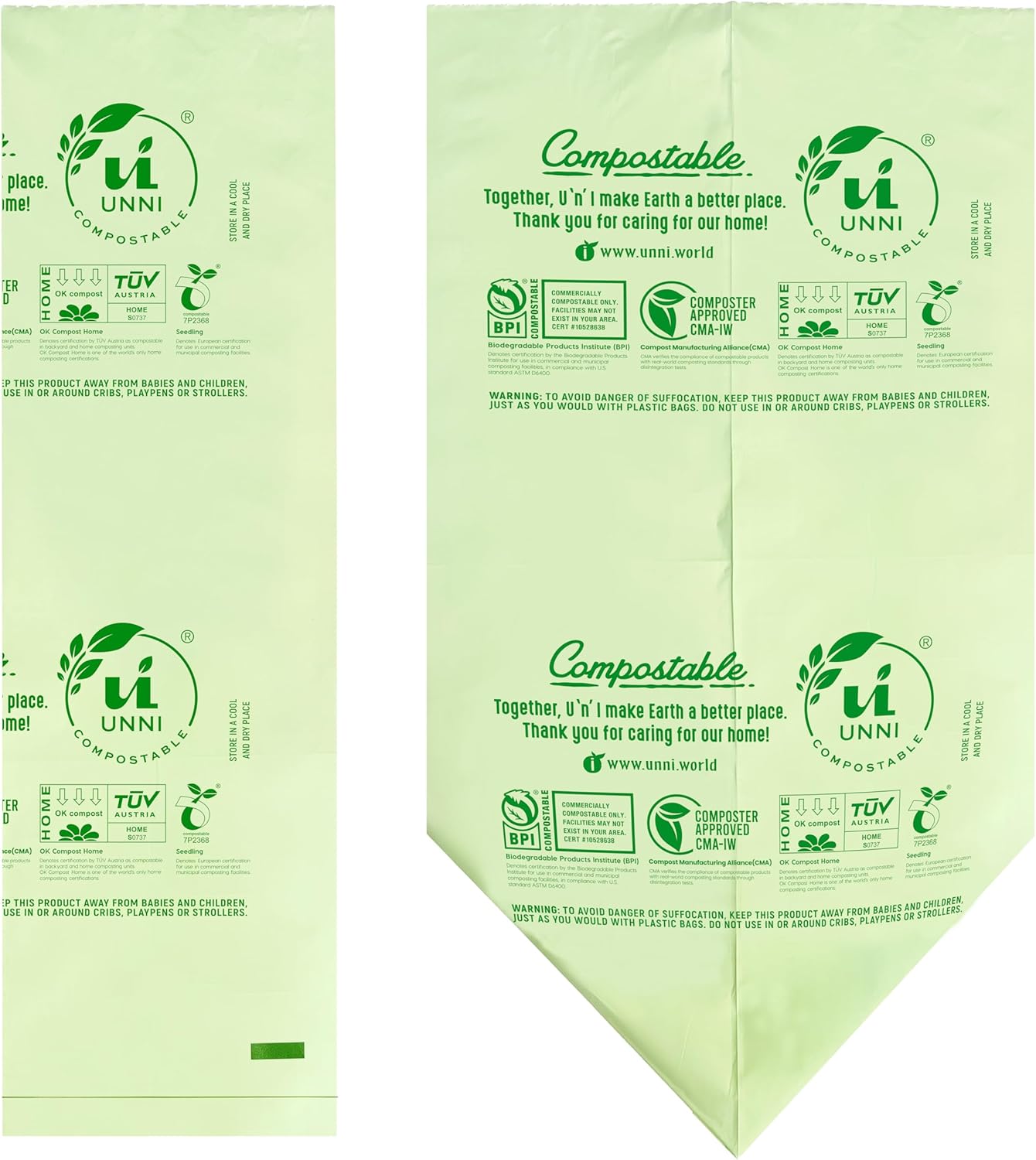 UNNI Compostable Trash Bags, 4 Gallon / 15 Liter, 200 Count, Extra Thick 0.75 mil Small Kitchen Food Scrap Bin Liners, BPI, CMA & OK compost HOME Certified (Meets ASTM D6400)