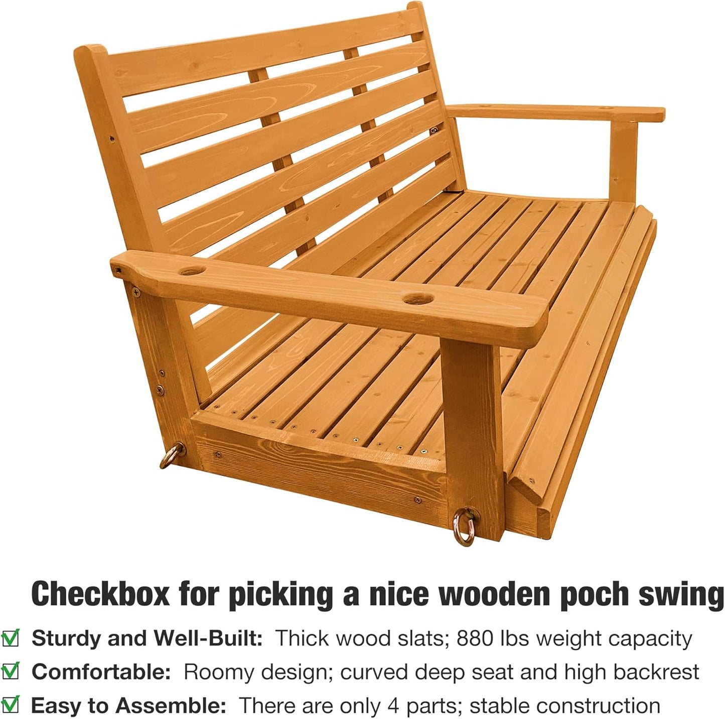 Wooden Porch Swing, Ergonomic Seat, Bench Swing with Hanging Chains and 7mm Springs, Heavy Duty 880 LBS, for Outdoor Patio Garden Yard (Amber, 2-Seater Extra Large)