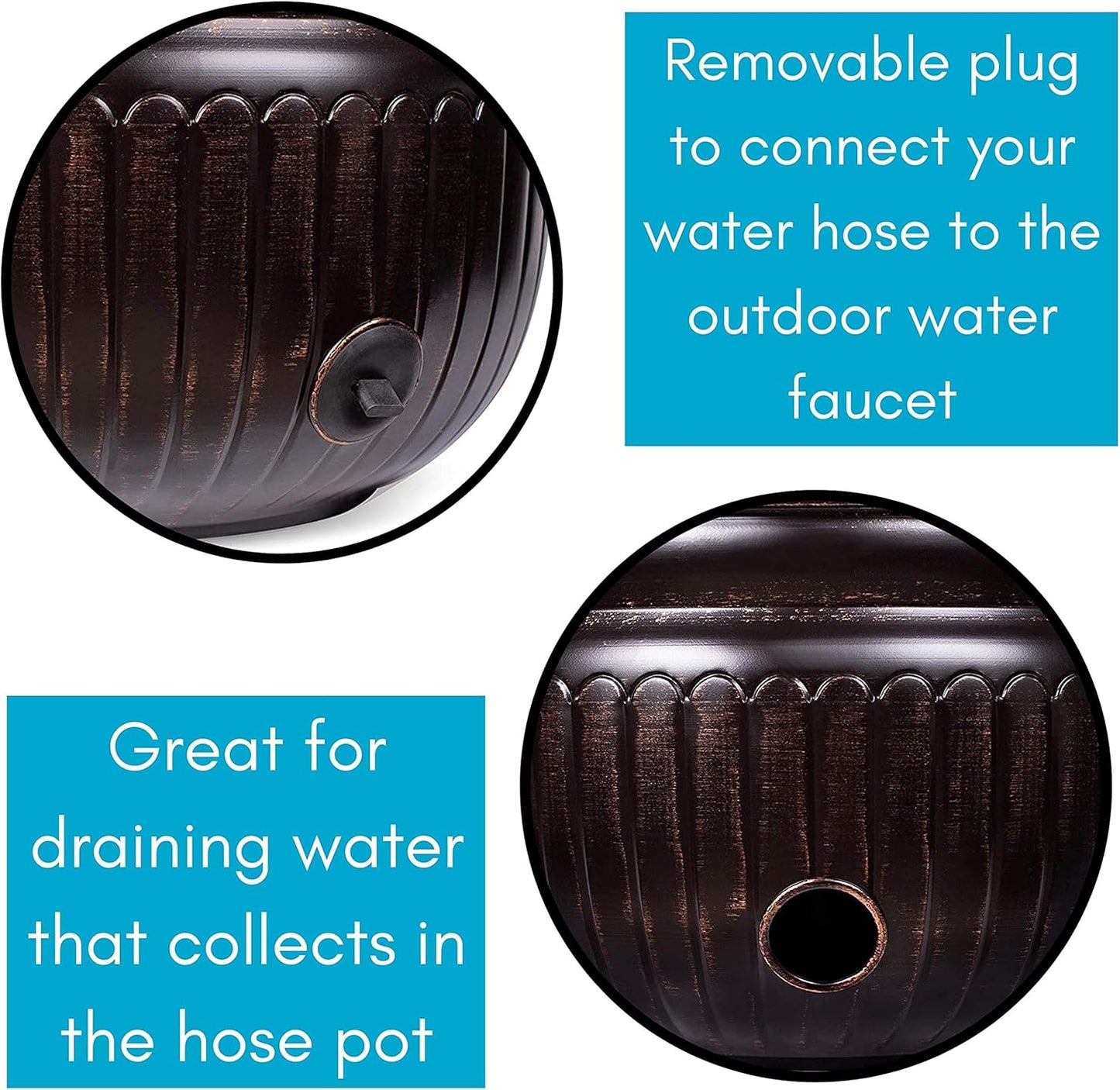 BIRDROCK HOME Water Hose Holder - Decorative Metal Pot, Indoor or Outdoor, Garden Storage Organizer, Patio Portable Bucket - Distressed Bronze, Holds up to 100ft Hoses, Medium No Lid