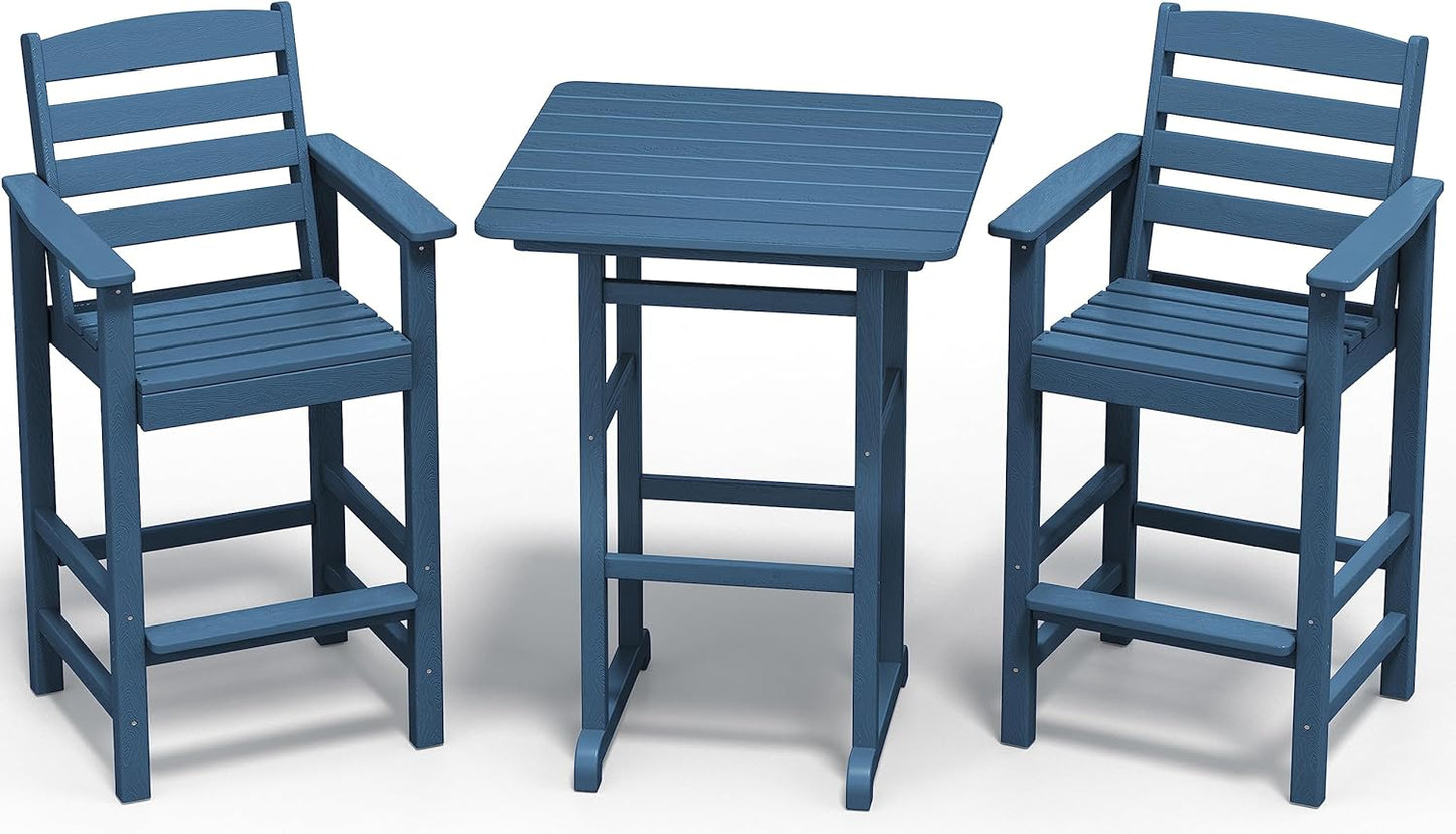 SERWALL Balcony Adirondack Chairs and Table 3 Pieces Set, Adirondack Bar Height Chairs Set of 2 and Bar Table, Outdoor Bar Stools Set for Bistro, Poolside, Backyard, Blue