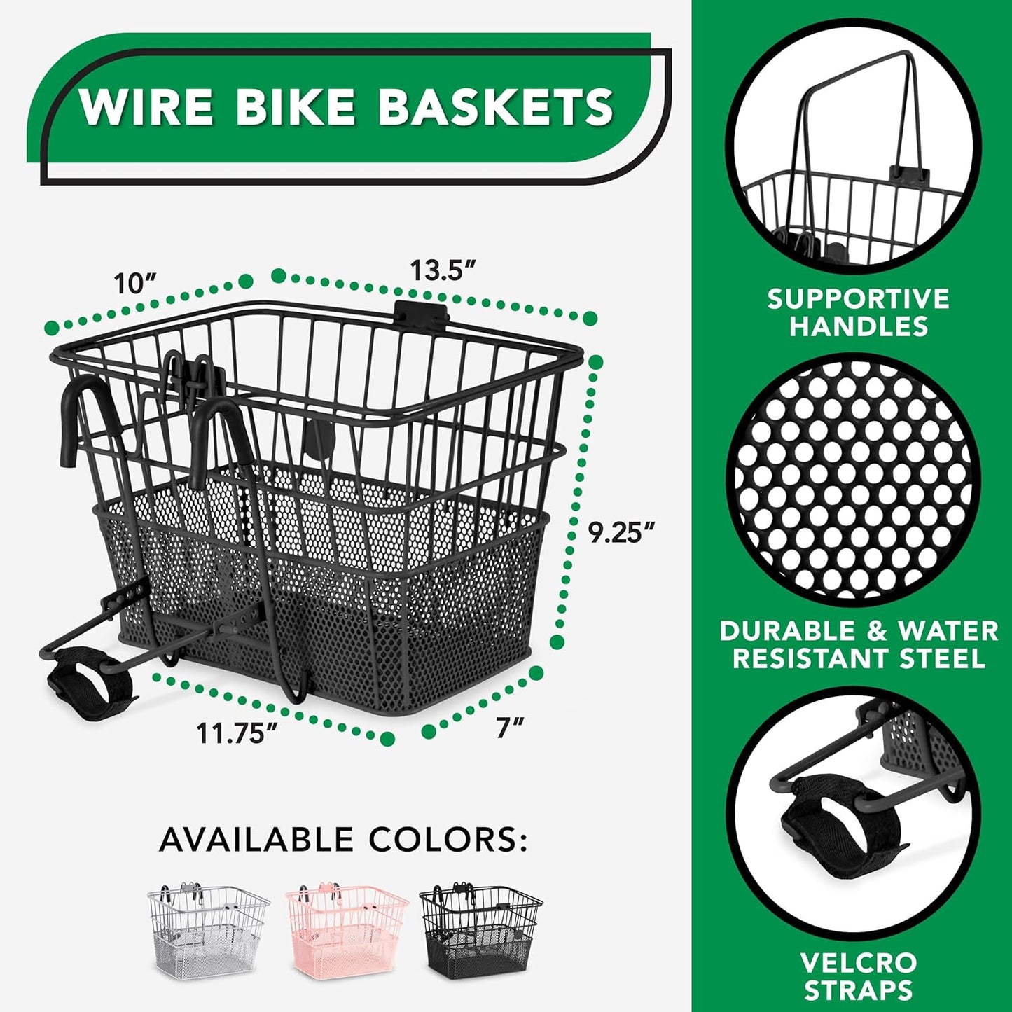 ProSource Wire Bike Basket Front for All Ages, Detachable Bicycle Front Basket with 15lbs Storage Capacity, Lightweight Steel Mesh Backing for Durable Daily Use, Black