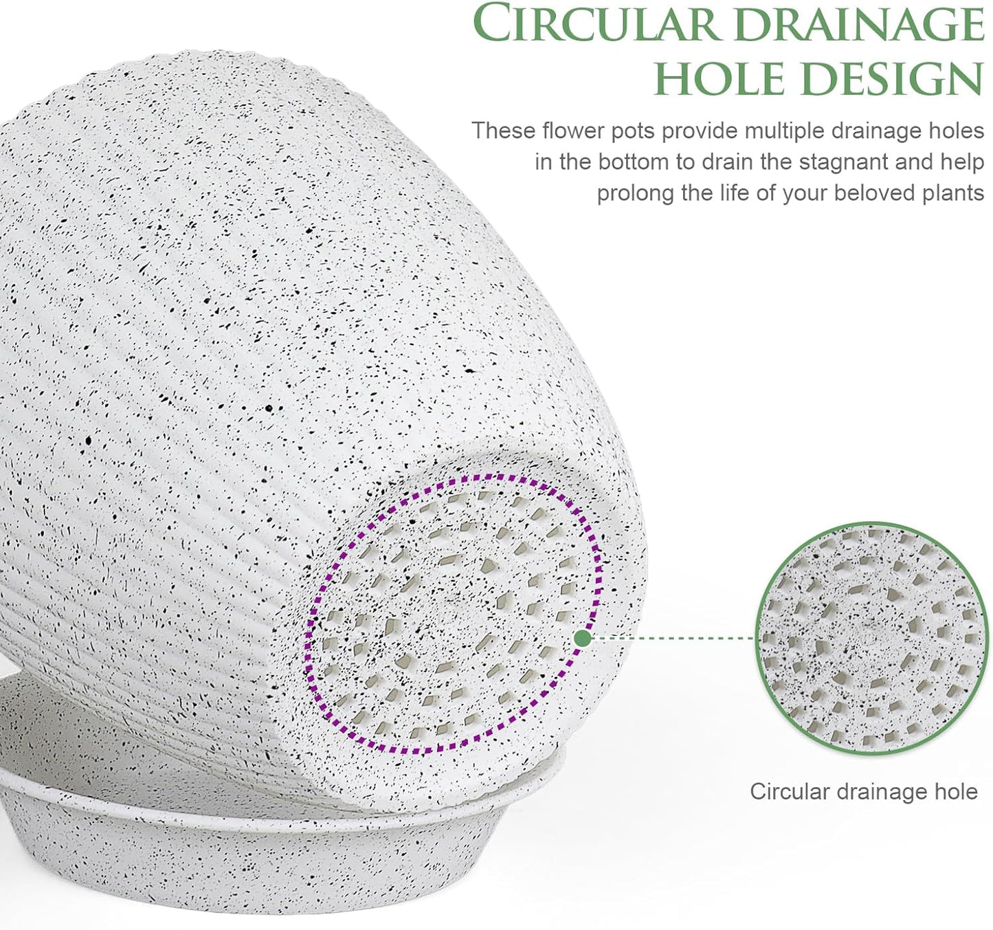 7/6.2/5.5/5/4.5/4 inch Flower Pots, 6 Pack Plant Pots for Small Indoor Outdoor Plants, Plastic Planters with Drainage Holes and Saucers for Garden Succulent House Plants, Speckled White