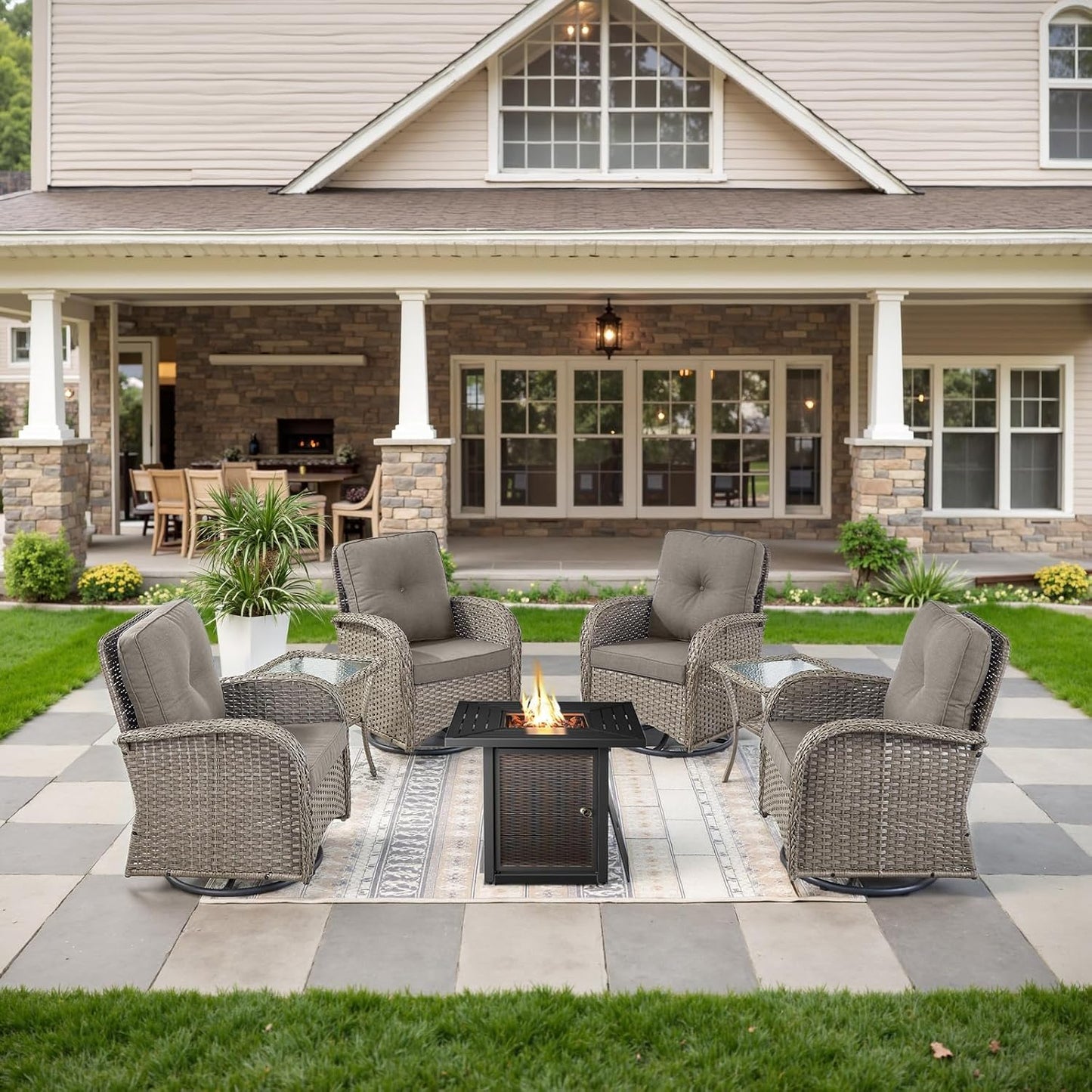 7-Piece Modern Gray Wicker Patio Conversation Set - 4 Swivel Glider Chairs & 50,000 BTU Propane Fire Table