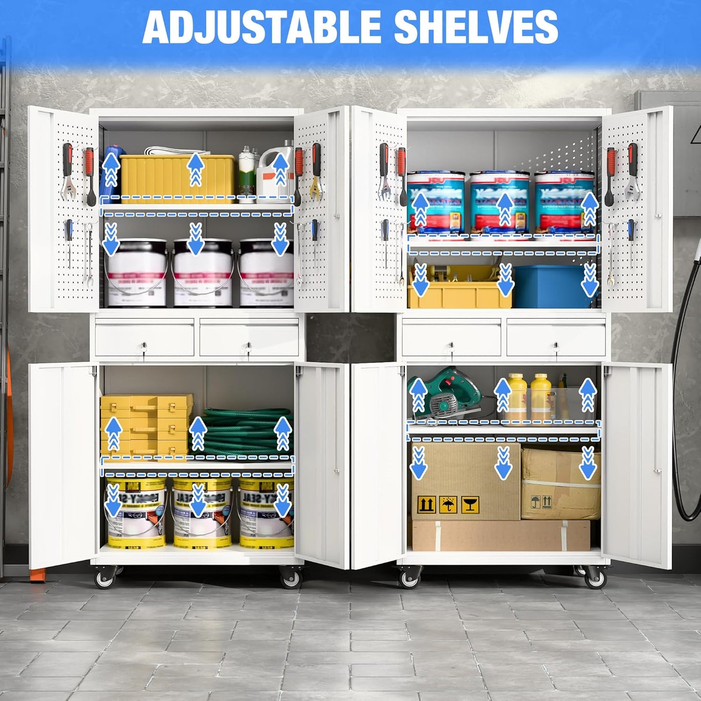 Metal Garage Storage Cabinet with Locking Doors and 2 Adjustable Shelves, Rolling Tool Storage Cabinet with 4 Wheels and 2 Drawer for Garage, Warehouse, White, Assembly Required