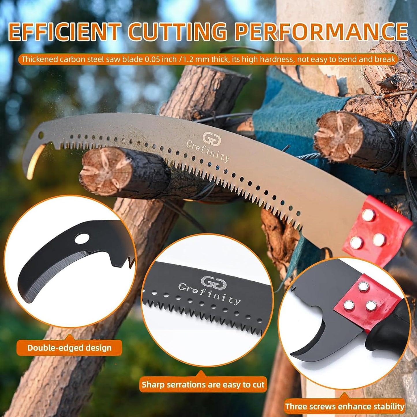 27FT Manual Pole Saw, Tree Branch Trimmer with 8-Section Fiberglass Handle, Sharp Steel Blade, Lightweight Extendable Design for High Branch Trimming, Orange