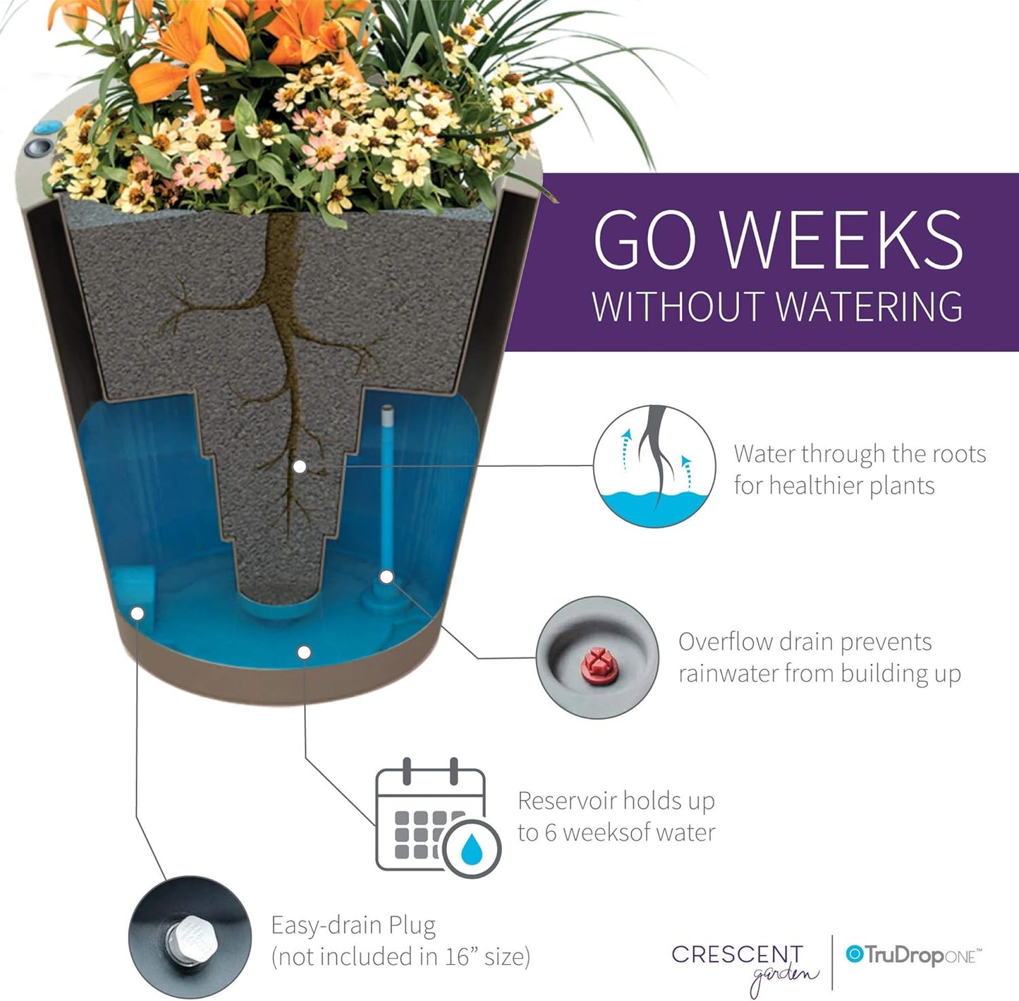 Crescent Garden Dot TruDrop Indoor/Outdoor Planter, Self-Watering Plant Pot, 16 Inches, (Caviar Black)