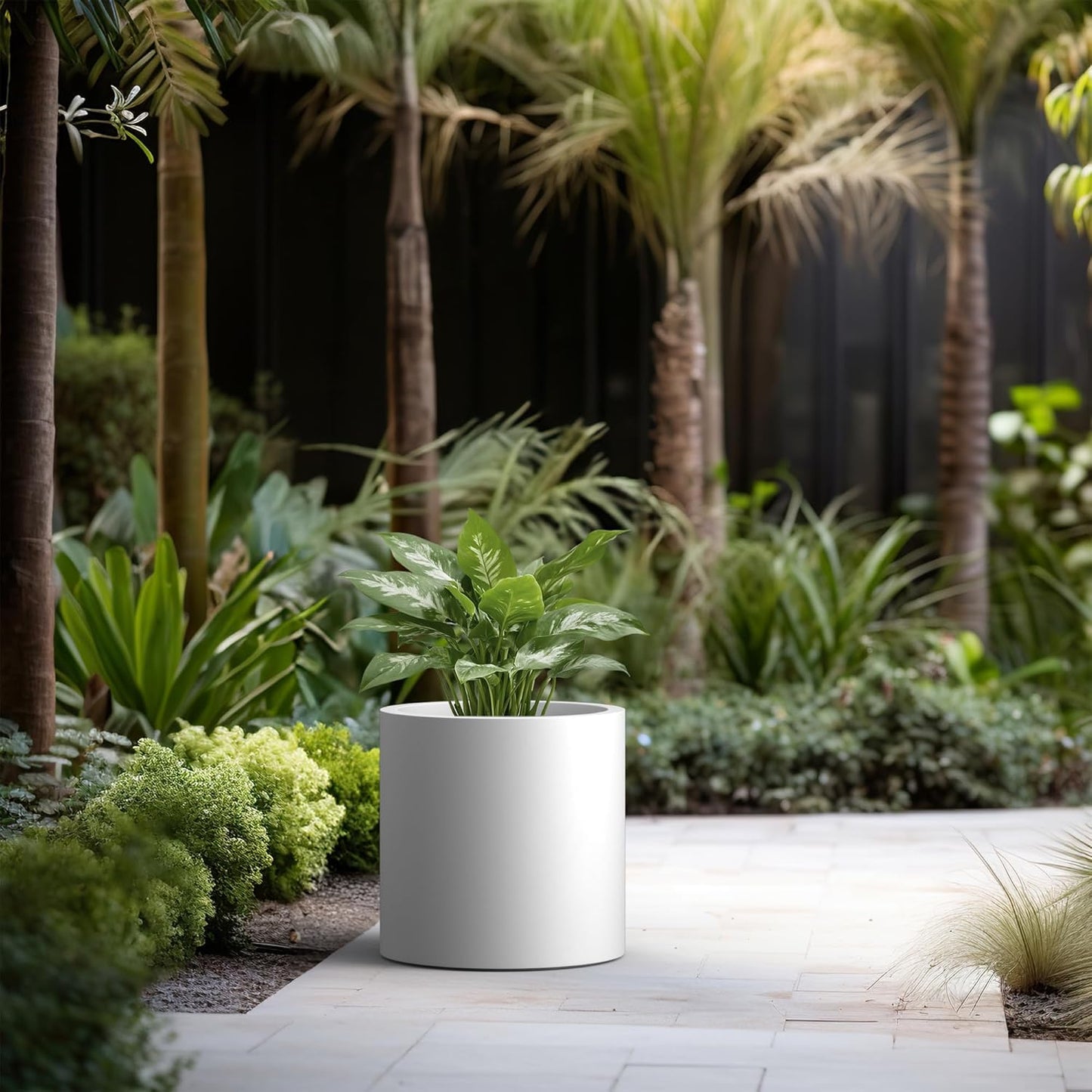 Kante 15.7" Dia Round Concrete Planter, Modern Style Large Cylindrical Plant Pot with Drainage Hole and Rubber Plug for Indoor Outdoor Patio, White