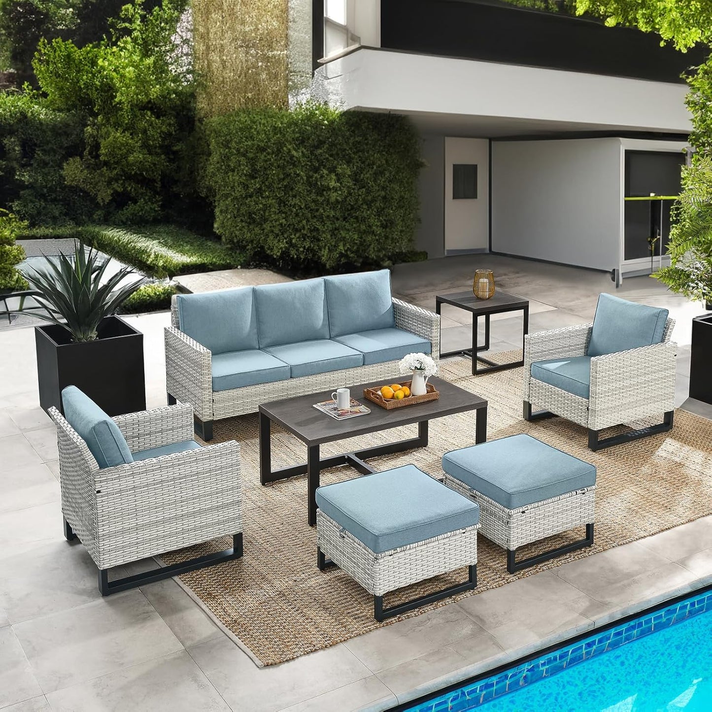 HUMMUH 7 Piece Patio Furniture All Weather Wicker Outdoor Sectional Sofa with Side Table,High Back Patio Chairs,Coffee Table and Ottomans Set for Porch,Garden,Backyard