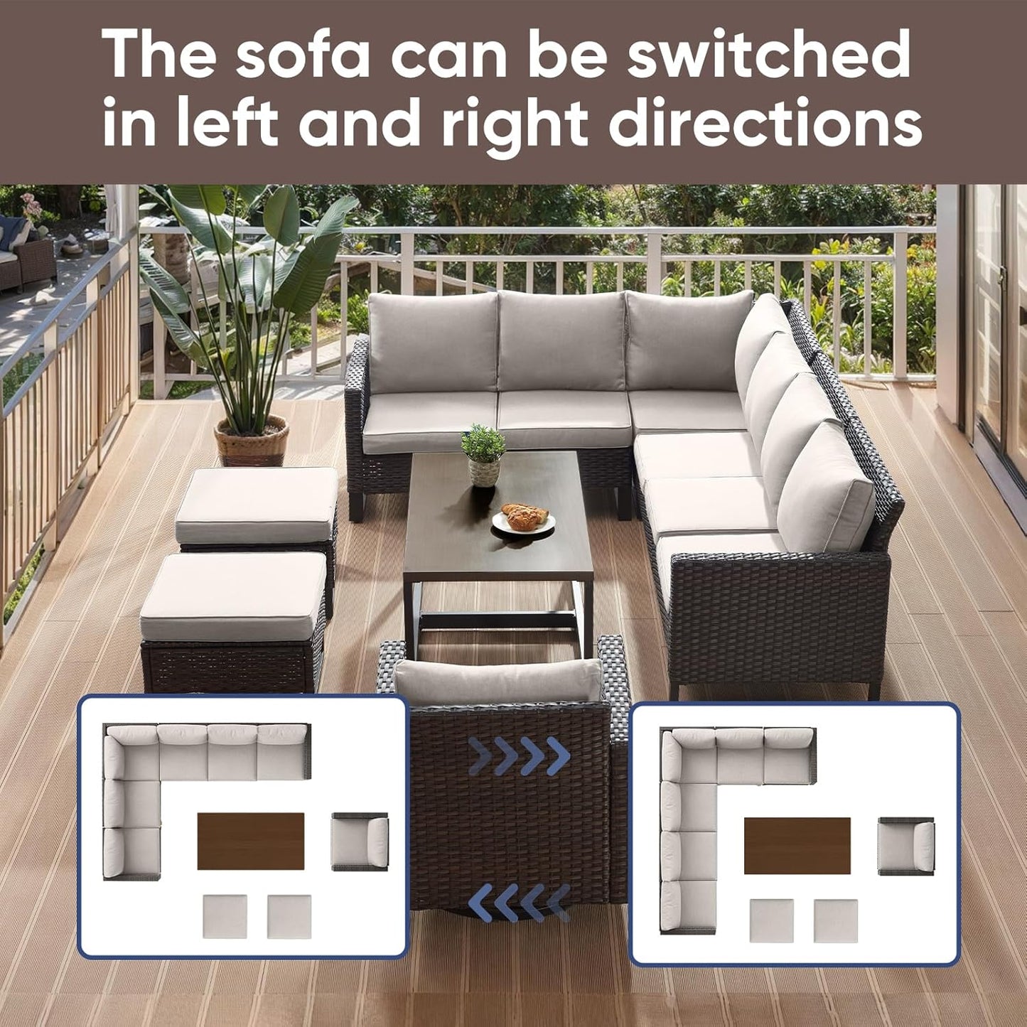 HUMMUH Patio Furniture Set 10 Piece PE Wicker Outdoor Sectional Sofa Set with Patio Swivel Chairs Dinning Table Ottomans for Porch,Garden,Backyard,Deck(Brown/Beige)