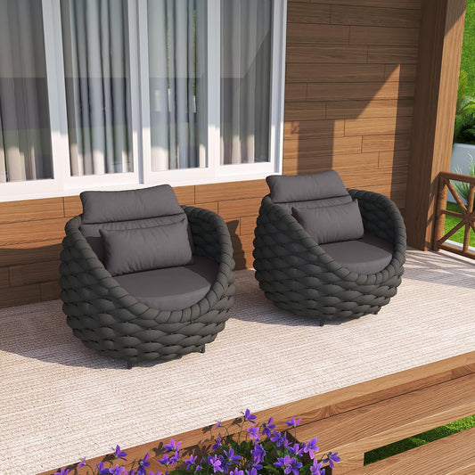 TWT 2 Pieces Patio Furniture Aluminum Armchair, All-Weather Polyester Rope Outdoor Single Sofa, Metal Chair with Cushions for Patio, Balcony, Backyard, Deck